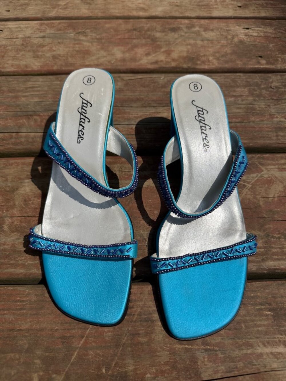 Y2K Fanfare Womens Blue Rhinestone Block Heel Sandals Size 8 - Elegant Beaded Su
